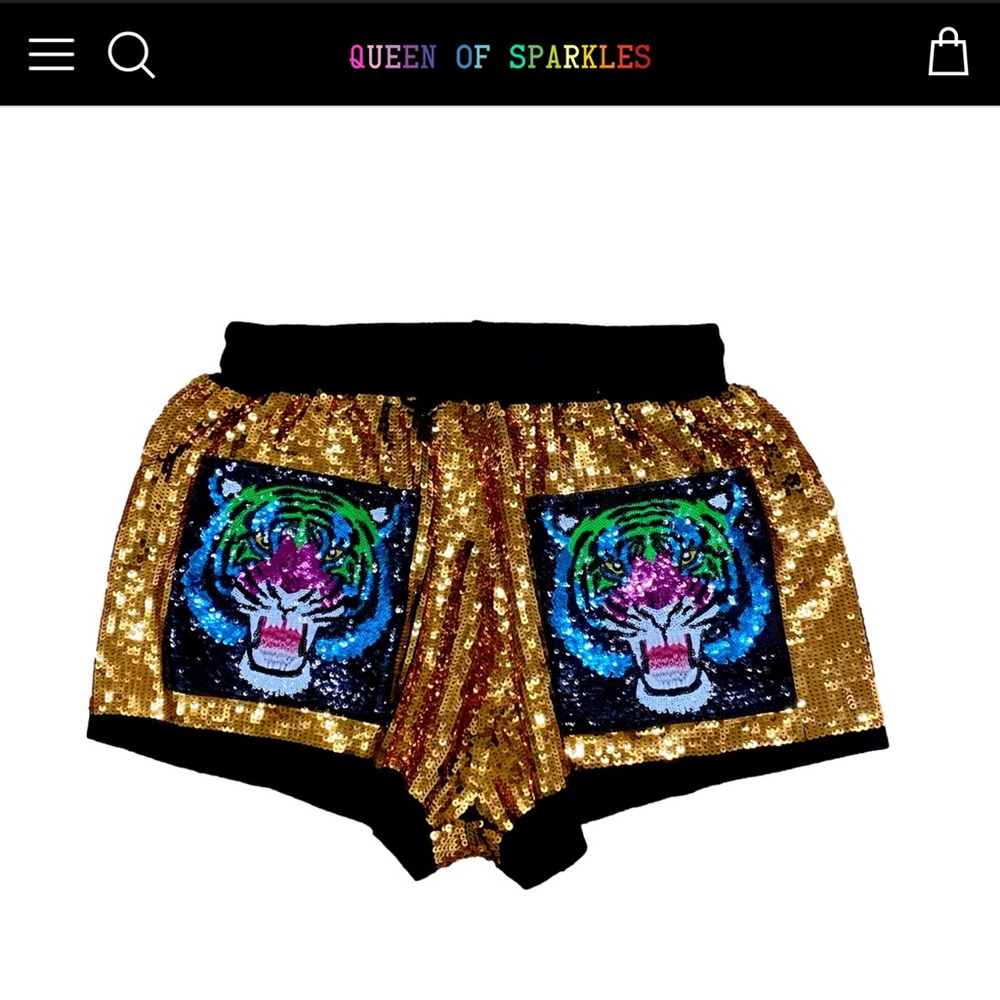QUEEN OF SPARKLE GOLD RAINBOW TIGER SEQUIN SHORTS